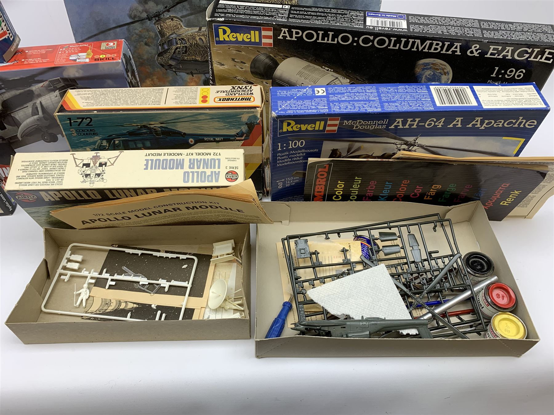 Six plastic model kits of helicopters by various makers including Airfix Boeing Chinook and two x Westland Sea King, Revell Apache, Matchbox Westland Lynx and Italeri Wessex HAS.3; together with three kits of lunar vehicles including Revell Apollo Columbia/Eagle, Command Module and Lunar Module 'Eagle'; and empty Airfix Lunar module box; all boxed  (10)
