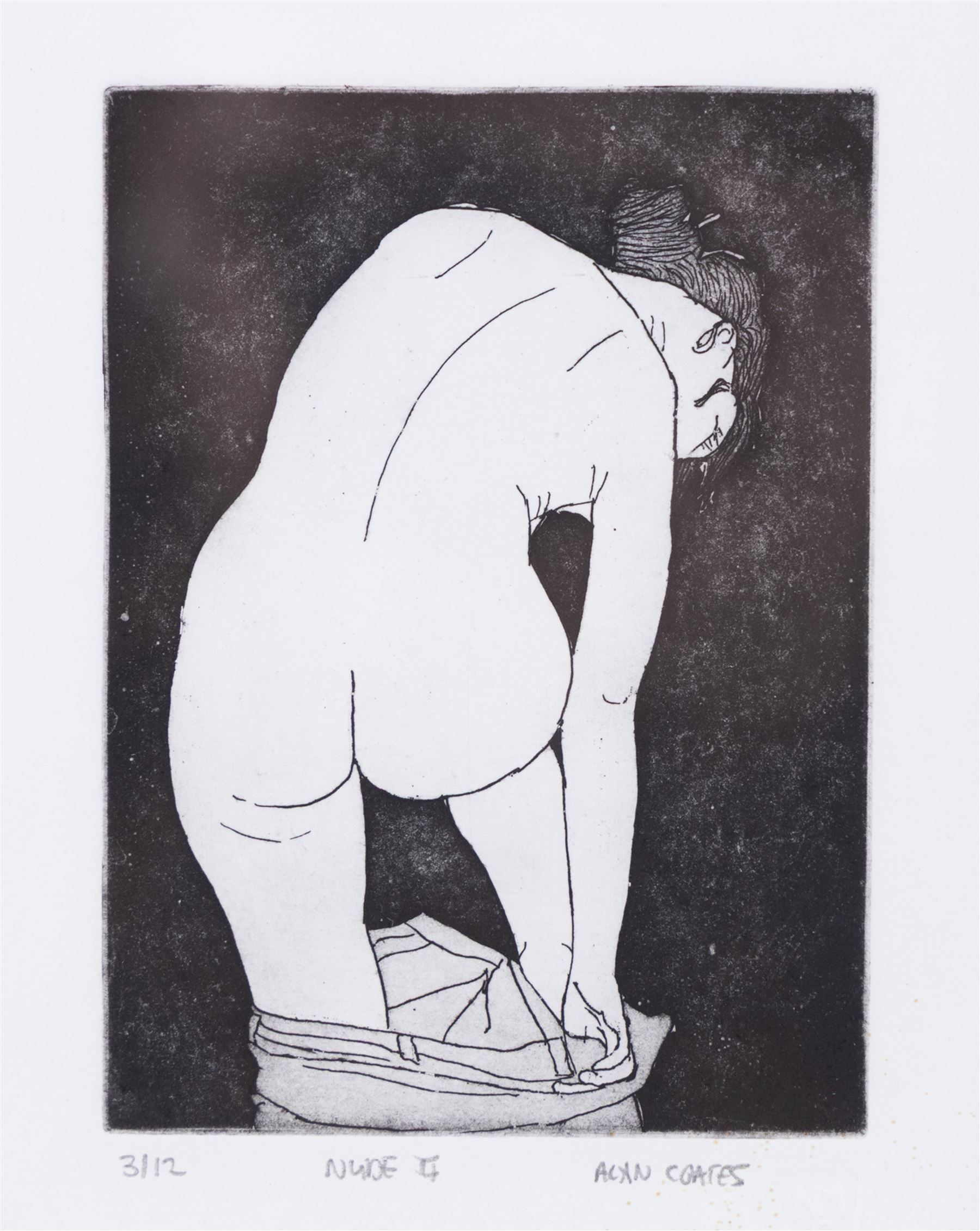 Alan Coates (British Contemporary): 'Nude 4', limited edition etching No.3/12 signed and titled 20cm x 14cm; Sarah J Venus (British Contemporary): Corsets, lino cut 21cm x 19cm; William 