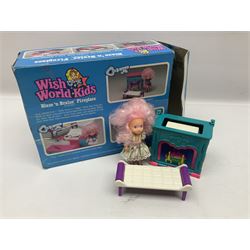 Wish World Kids - Eleven play sets comprising Treats ‘n Sweets Refrigerator, Grin ‘n Win TV, Sponge ‘n Plunge Bathtub, Socks ‘n Locks Dresser, Spice ‘n Slice Stove, Sleep ‘n Leap Bed, File ‘n Smile Desk, Blaze ‘n Braise Fireplace, Hear ‘n Cheer playset in Sponge ‘n Plunge box, two Read ‘n Speed Chair playsets in one box