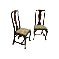 Pair of 19th century Queen Anne design walnut framed side chairs, yoke crest rail over vase-shaped splat, upholstered drop-in seats, raised on cabriole supports with pad feet united by turned stretchers