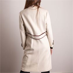 Gucci - bee embroidered wool single-breasted military coat, from the Autumn/Winter 2017 collection under Alessandro Michele, in ivory, with stand collar, red and navy trim, pearlescent and gold-tone button fastening and embroidered bee detailing to the collar, size 14, unused with original garment bag and tags