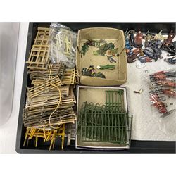 Large quantity of playworn 1950s Britains and other lead figures including farm and zoo animals, horse drawn carts, fencing etc