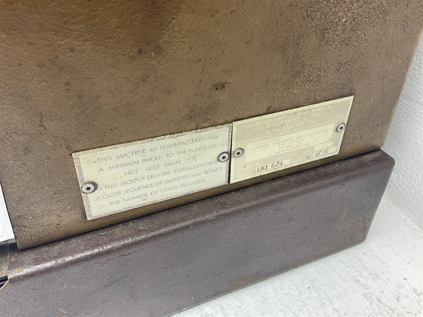 Aristocrat Nevada Lucky Strike one-armed bandit arcade machine, circa 1964, light-up display in aluminium and stainless steel case, with keys, H72cm 