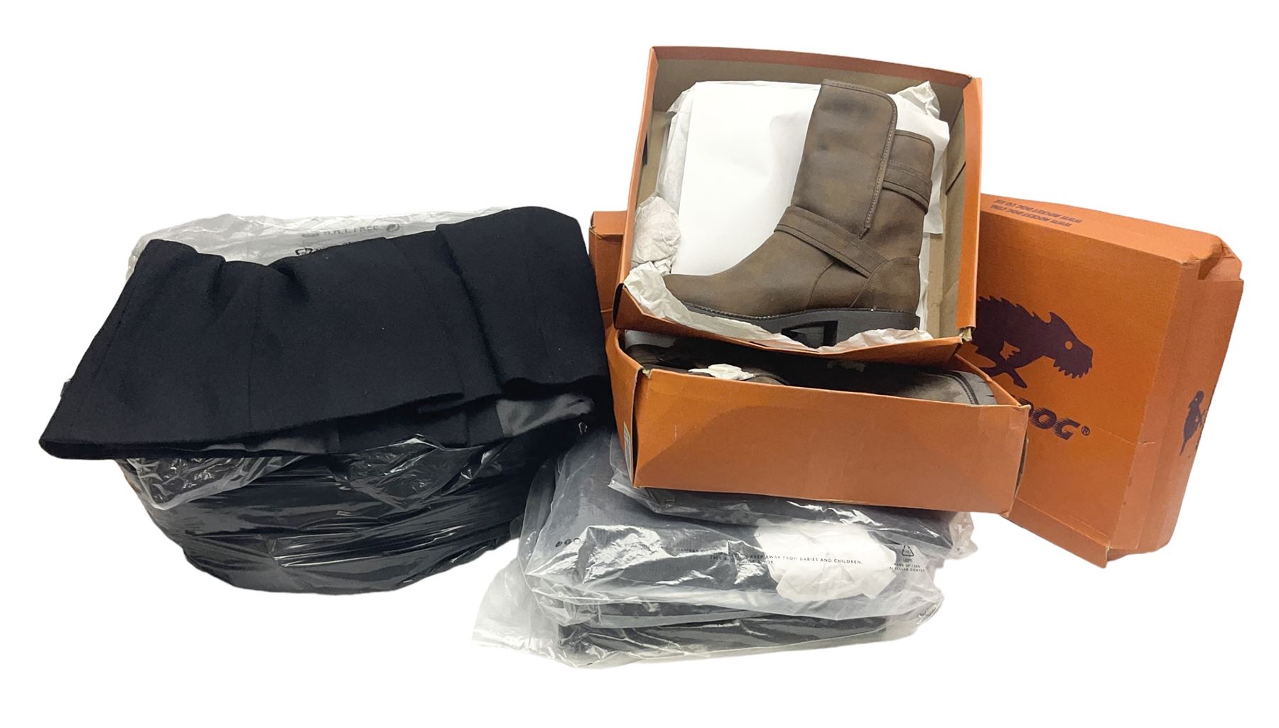 Ex shop stock - three Karen Millen ladies long black wool coats, size 18; four pairs of Rocket Dog ladies leather boots, size 8; and five pairs of Aubin gents trousers, sizes 30-36 (12)