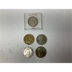 Coins and stamps including first day covers, Queen Victoria 1891 crown, Isle of Man crowns, small number of pre 1947 silver coins, pre-decimal coinage etc