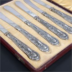 Late 20th century silver pin dish, embossed with Yorkshire rose to centre, hallmarked C J Vander Ltd, London 1971, together with a set of six silver handled King's pattern tea knives, hallmarked Kirby Beard Ltd, Sheffield 1928, contained within fitted case