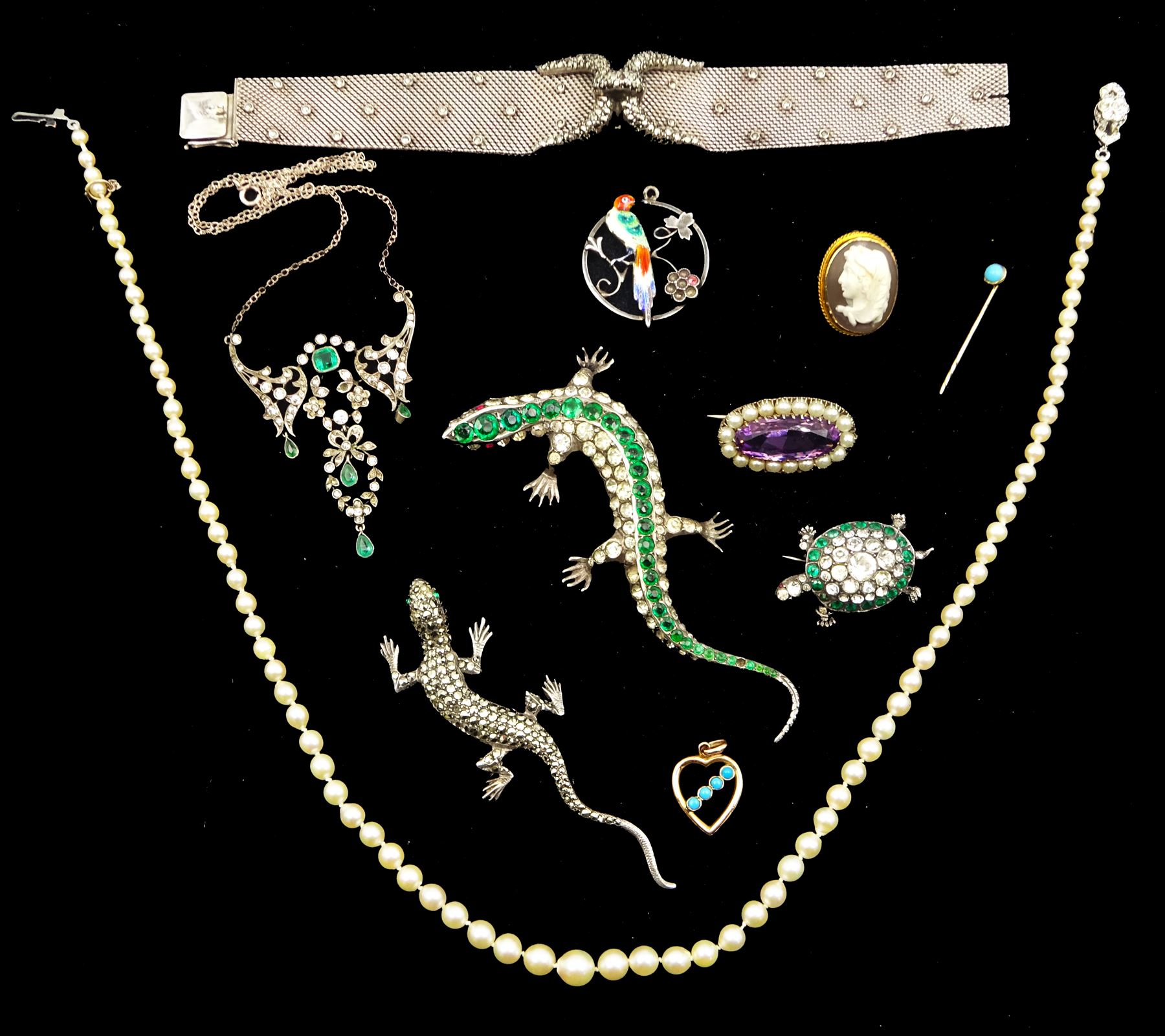 Early 20th century and later silver jewellery including paste turtle brooch, similar lizard brooch, Art Deco milgrain set paste openwork necklace, enamel bird pendant, marcasite studded cuff bracelet, 15ct gold cameo brooch/pendant, 9ct gold turquoise heart pendant and turquoise stick pin and a pearl necklace
