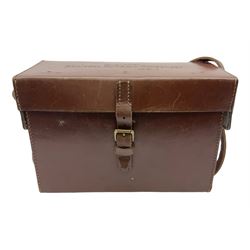 Post-WW2 stitched leather carrying case for an Exploder Dynamo-Condenser Mk.1 with baize lined fitted interior and carrying strap dated 1956 L28cm