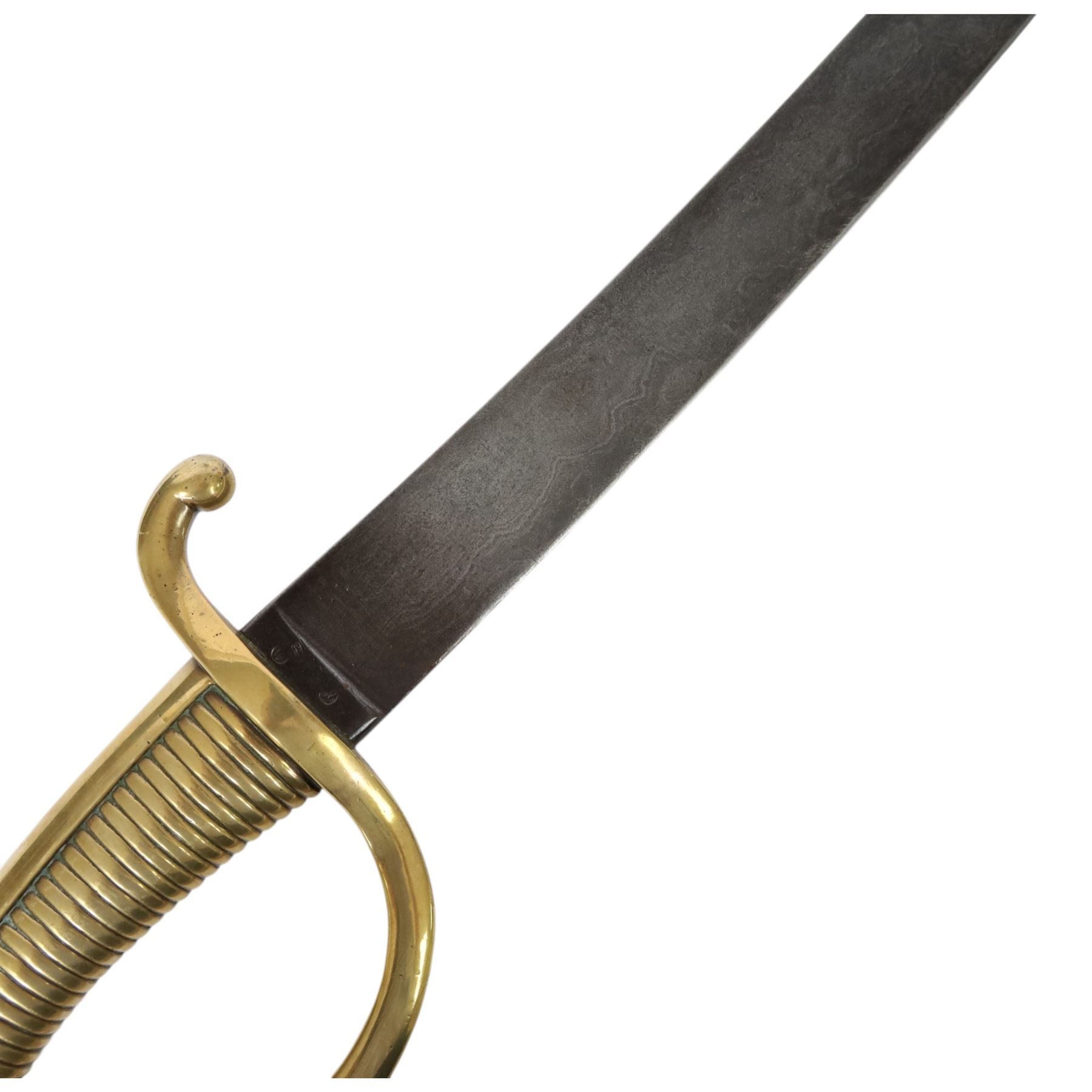 19th Century Grenadier Briquet short sabre sword, 59cm curved blade, brass ribbed grip and D shaped knuckle guard, overall L74cm