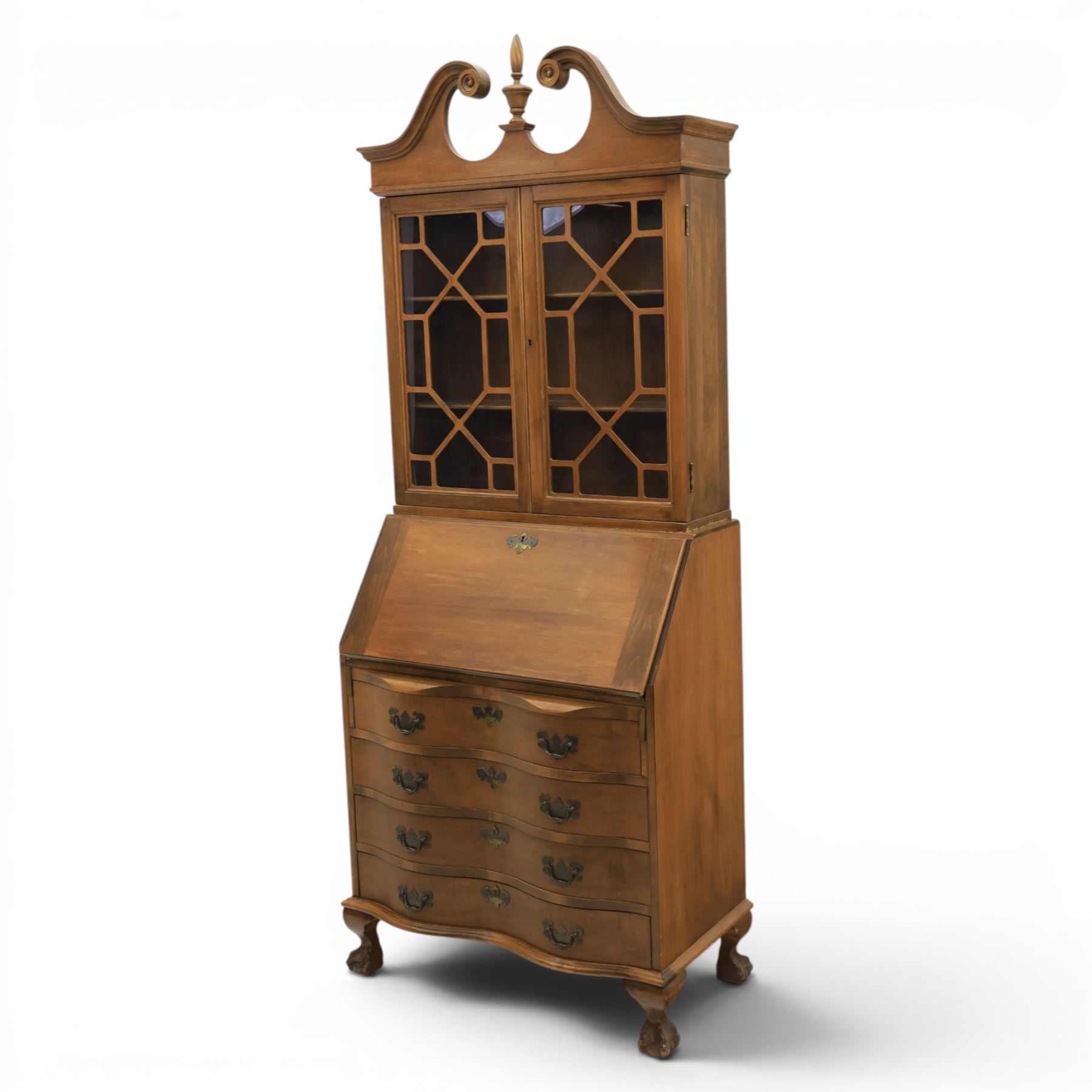 Maddox of Jamestown New York - Georgian design mahogany bureau bookcase, broken arch pediment with central finial, astragal glazed bookcase, above a fall front writing slope with fitted interior, four serpentine drawers, raised on claw on ball feet 