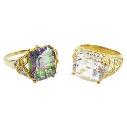 Gold mystic quartz ring and a gold white quartz ring, both hallmarked 9ct