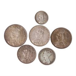 Six Queen Victoria silver coins, comprising 1887 crown, 1887 double florin, 1887 half crow...