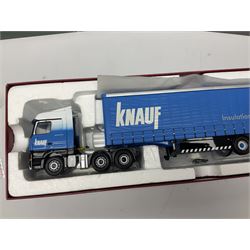 Corgi Eddie Stobart - three limited edition lorries; CC12936 Sight & Sounds Scania Topline Curtainside Trailer; CC13812 Hauliers of Renown Mercedes-Benz Actros Curtainside Knauf; and CC13405 MAN TGA XL Step Frame Curtainside Trailer; all boxed (3)