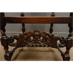  Early 20th century set three oak Carolean style chairs (2+1), cresting rails and frame carved and pierced with scrolls and foliage, barley twist supports, caned backs and seats, W57cm, H122cm, D56cm  