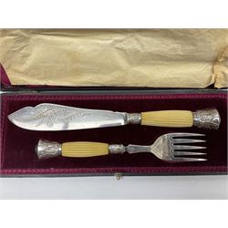 Walker & Hall silver-plate part canteen of cutlery, together with hallmarked silver cutlery comprising pair of Robert Pringle & Sons teaspoons, fork and butter knife, and silver handled knife and fork, cased set of Walker & Hall fish servers with simulated bone handles, and quantity of silver-plate and other cutlery