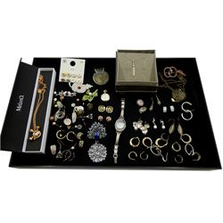 Collection of silver jewellery including Clogau necklace, silver stone set wristwatch, silver earrings and silver stone set earrings and a collection of costume jewellery