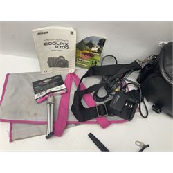 Nikon Coolpix 8700 camera, Sony video camera and Chinon CM-4 camera, with various accessories etc