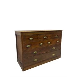 19th century stained beech and pine chest, fitted with seven drawers, ornate cast brass cup handles