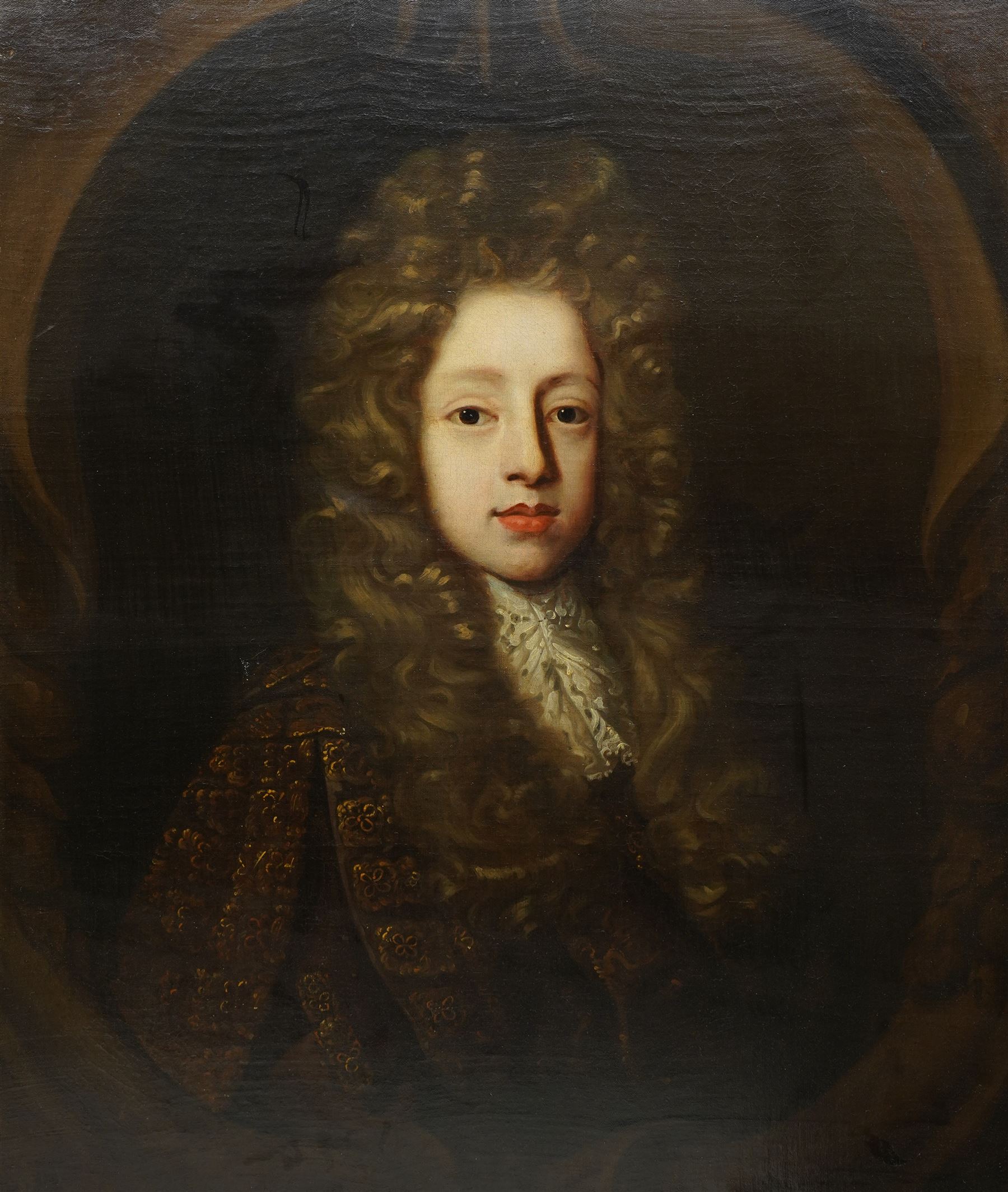 Attrib. Sir Godfrey Kneller (German/British 1646-1723): Quarter-Length Portrait of a Young Gentleman wearing a Full-Bottomed Wig possibly Philippe II Duke of Orléans, 18th century oil on canvas unsigned, attributed on the mount 74cm x 62cm, housed in giltwood frame with foliate moulding, overall 90cm x 77cm
Notes: portraits of young men were often commissioned around this age to mark their coming of age or entry into society. Inscription verso could reference Philippe II Duke of Orleans