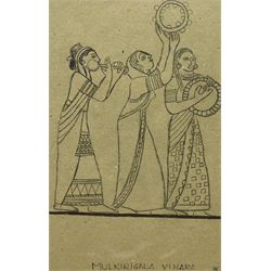L K Karunaratne (Sri Lankan 1932-2013): Line Drawing of Three Female Musicians - Mulkiriga...