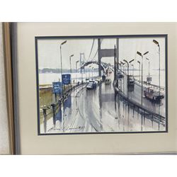 Brian C Lancaster (Bristol Savages 1931-2005): 'Pulteney Bridge' Bath and The Severn Suspension Bridge, two watercolours signed, the former titled and dated April 1987 on label verso 33cm x 45cm and 26cm x 35cm (2)