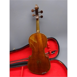  Late 19th/early 20th century continental violin with 37cm two-piece maple back and ribs and spruce top, L60cm overall, in carrying case with bow  