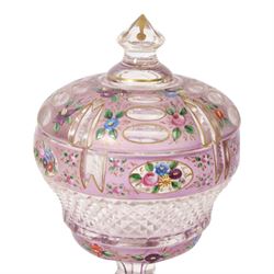 Victorian glass bon bon dish and cover, decorated with hand painted flowers and gilt detail, upon a knopped stem and square base, H22cm