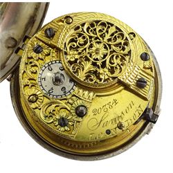 George III silver repousse pair cased verge fusee pocket watch by Samson, London,  No. 20384, square baluster pillars, the enamel polychrome dial depicting a sailor and sweetheart saying farewell, Roman hours and outer Arabic minute ring, inner case by James Richards, London 1793, the outer case depicting figures in an interior setting, with scroll borders interior scene makers mark T.P possibly Thomas Pepper