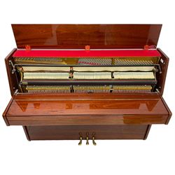 Steinmayer upright series 108 piano in sapele mahogany case, with an overstrung Iron frame and underdamper action, sustain, sostenuto and practise pedal, full compass seven octave 88 note keyboard serial Number 97050003 