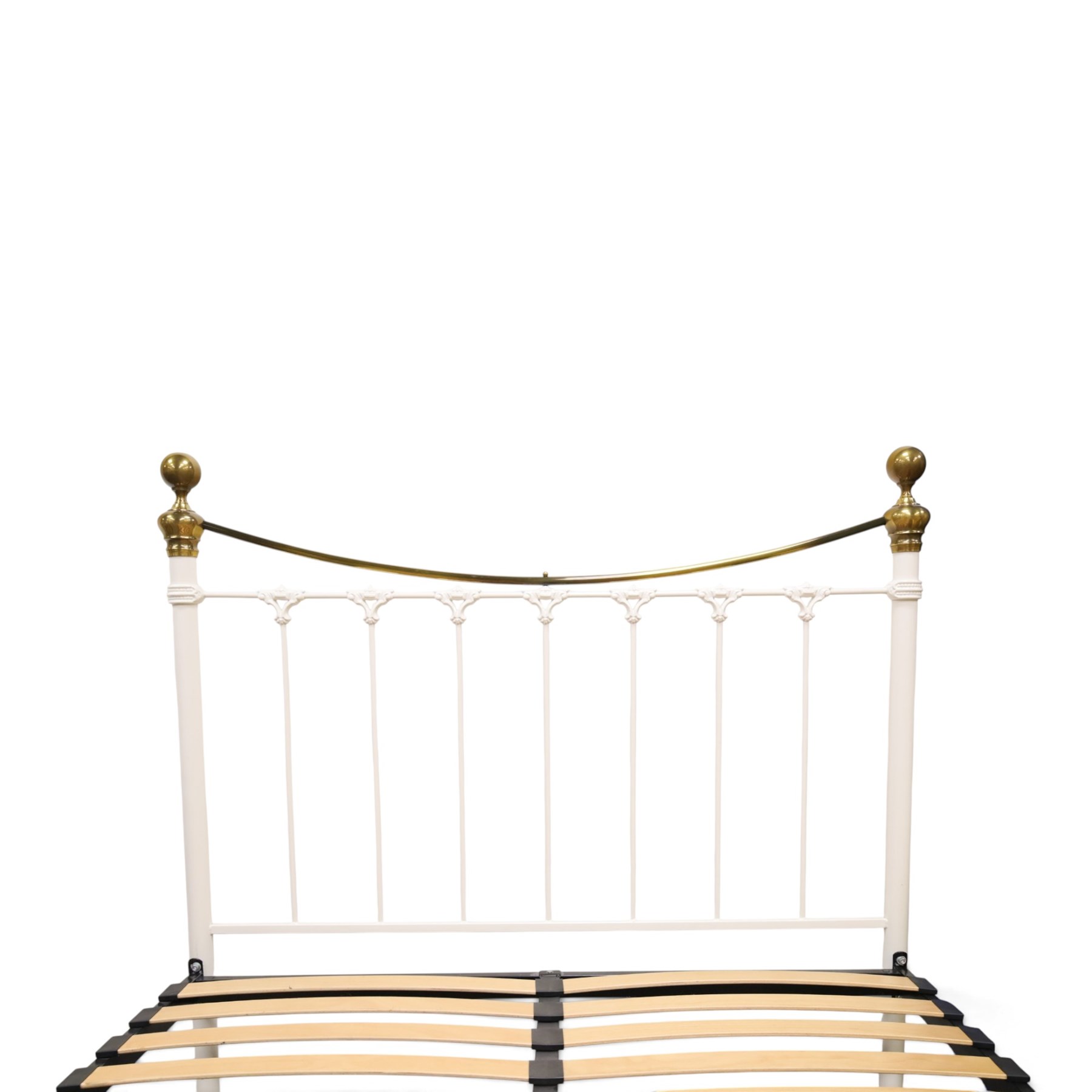And So To Bed - Victorian design 'Juniper' brass and white painted double bed, the head and foot-boards with brass finials and curved cresting rails