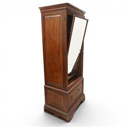 Willis & Gambier - hardwood swing mirrored door cabinet, in a dark cherrywood finish with moulded cornice over mirrored door incorporating adjustable cheval mirror action, enclosing a shelved interior, lower drawer with brass knob handles, panelled sides and stepped plinth base