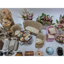 Dolls house conservatory and garden accessories, including sofa and chairs, trees, plants, paintings, Christmas decorations, etc 