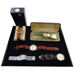 Sekonda automatic gilt skeleton wristwatch set with diamonds, Raymond Weil gold-plated quartz wristwatch, No. 9124, Lotus quartz, Sekonda and an Ingersoll Rex wristwatch (5)