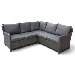 Kettler - Palma rattan garden lounge suite, comprising modular corner sofa (DIM) with slatted and rattan garden table on end supports (DIM), and three stools (DIM), with loose seat cushions