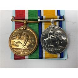 WW1 father and son medal groups comprising British War Medal and Mercantile Marine Medal awarded to Captain Allanson Hick and British War medal, 1914-15 Star and Victory Medal awarded to 1198 Pte. Allanson Hick E. York. R. with biographical information. N.B. Allanson Hick Jnr. of Hull was a celebrated architect and renowned marine artist being a founder member of the Society of Marine Artists (RSMA).