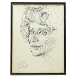 Louis Kahan (Australian 1905-2002): Portrait of Ann Roughly, pen and ink sketch signed and inscribed 49cm x 37cm