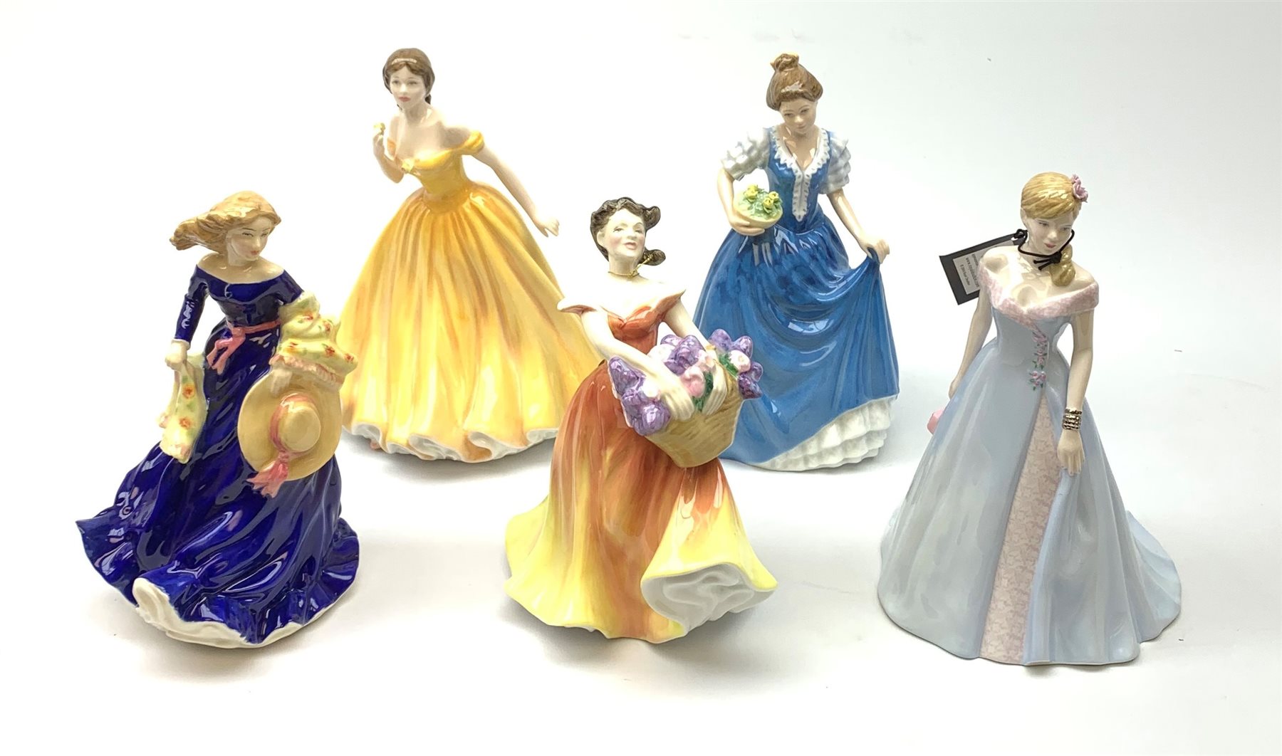 A group of five boxes Royal Doulton figurines, comprising Lesley HN2410, Helen HN3601, Moonlight Stroll HN3954, Classics Figure of the Year 2003 Elizabeth HN4426, Pretty Ladies Charlotte HN4758, with accompanying certificate. (5). 
