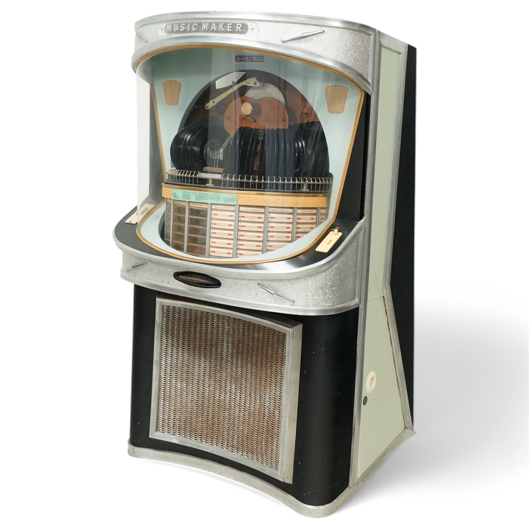 Ditchburn - 'Music Maker Panoramic 200' jukebox circa 1959, curved panoramic glazed front offering full view of the automatic selection process, accommodating 100 records (200 selections), with a stereo sound system, the aluminium trim over a woven speaker grille with an all-over ebonised and silver finish