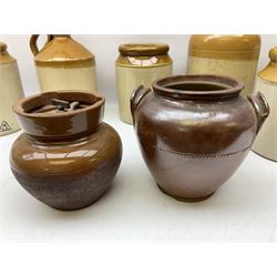 Quantity of salt glazed stoneware flagons, two tone jars and jug etc, to include some with impressed marks and labels, largest H26cm