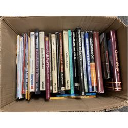 Large collection of international steam locomotive and railway reference books, including titles on the railways of Germany, Africa, China, Europe and North America and multiple books on narrow gauge railways, in ten boxes 