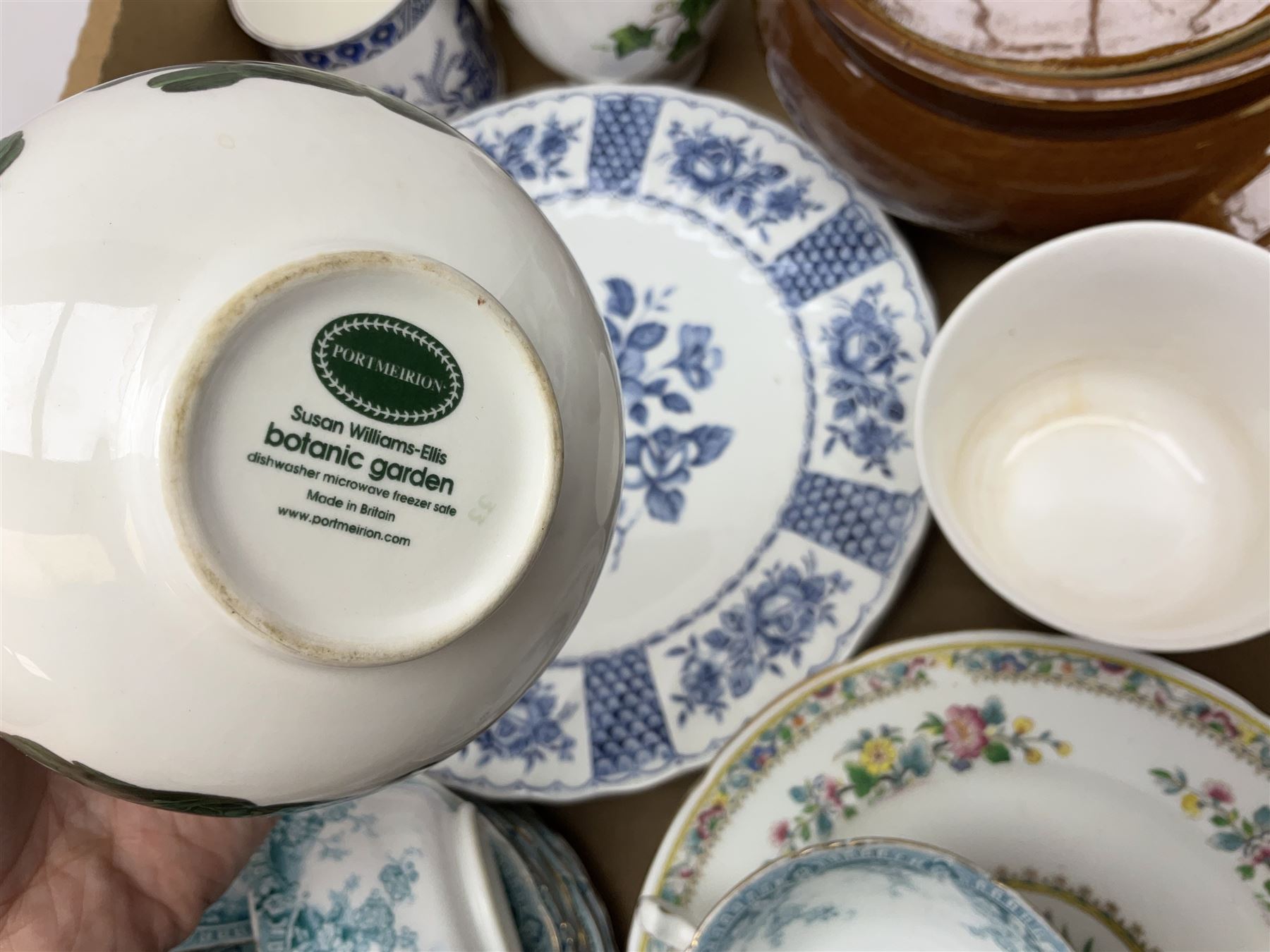 Quantity of teawares to include Coclough, Pearsons stoneware lidded twin handled pot, and other ceramics in two boxes