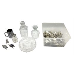 Quantity of assorted silver plated and other flatware, to include part sets, set of three silver plated cruets, glass sifter with silver plated cover, two glass decanters and stoppers, etc., in one box 