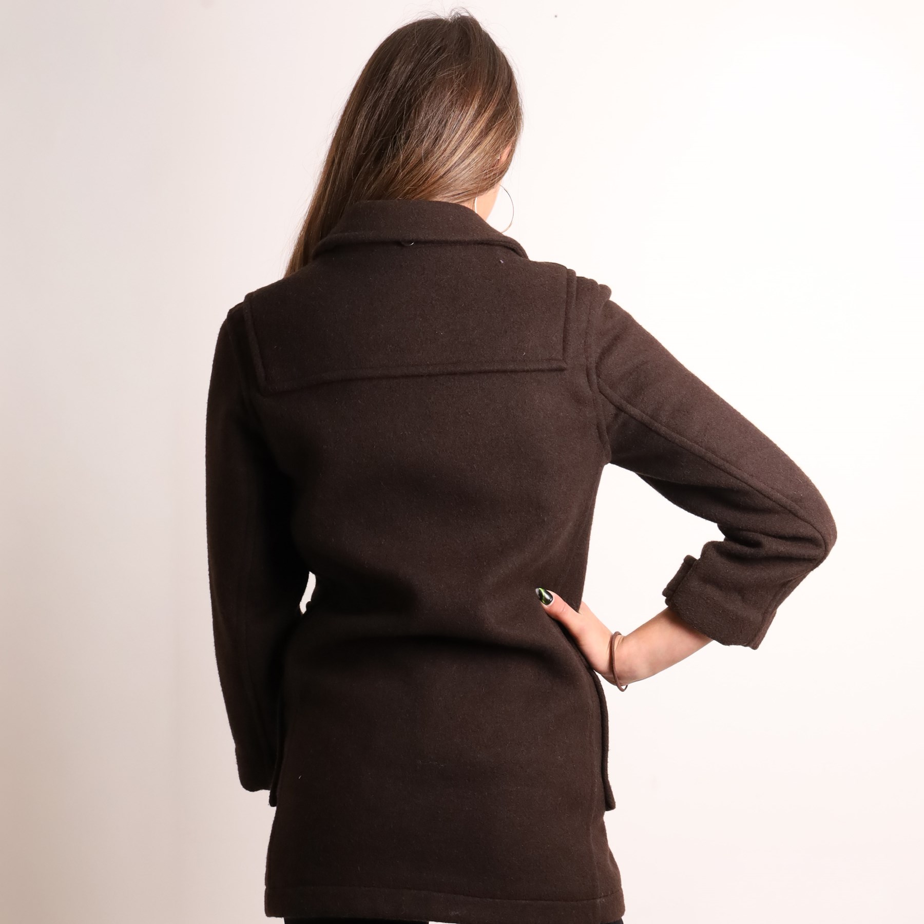 Barbour and Aquascutum - three ladies’ coats, comprising a Barbour Classic Duffle in dark brown wool blend with toggle fastenings and signature tartan lining, size UK 8, together with two Aquascutum herringbone wool coats, each double-breasted and fully lined, both bearing Regent Street London labels (3)