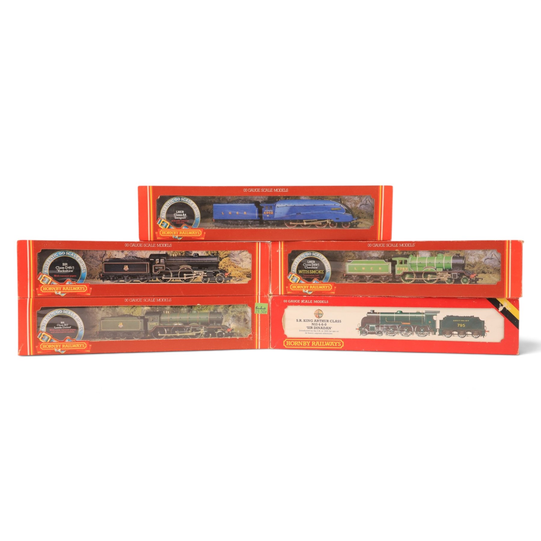 Five Hornby 00 gauge locomotives, comprising R154 SR King Arthur Cass N15 4-6-0 'Sir Dinadan', R060 BR Class B17 4-6-0 'Leeds United', R372 Class A4 'Seagull', R259 Class D41/1 'Yorkshire' and R378 LNER Class D49/1 'Cheshire', all boxed