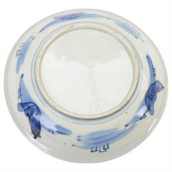 Collection of Japanese and similar ceramics, including pair of Satsuma side plates, decorated with a crowd of figures, blue and white teapot with floral decoration, blue and white vase and plates, etc