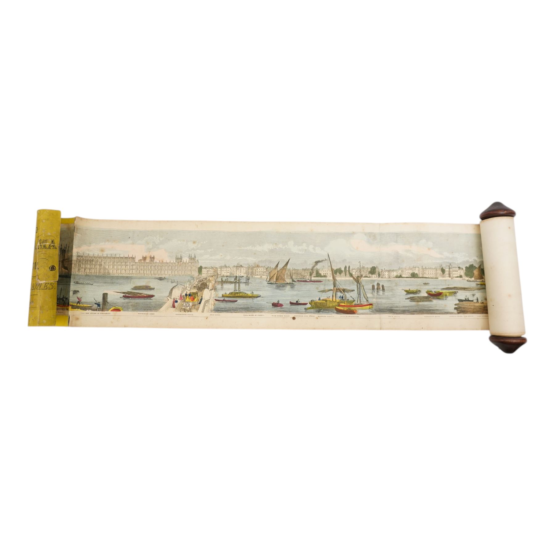 Frederick James Smyth (British 1841-1867): 'Grand Panorama of London and the River Thames - 18 Feet in Length', 19th century engraved prospect map with hand-colouring pub. Azulay, Thames Tunnel 1849, 17cm x 549cm