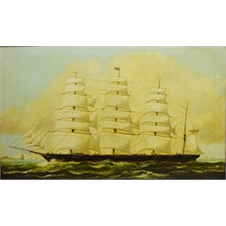  Ship's Portrait of an American Four Masted Sailing Clipper, late 19th century oil on canvas initialled EG possibly (Eugene Grandin 1833-1919) ?, 75cm x 126cm  