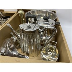 Collection of silver plate and other metal ware to include Victorian four piece silver plated tea Service, by Fenton Brothers, pair of candlesticks, large footed bowl, cocktail shaker, pewter napkin rings etc