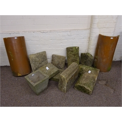  Five stone gate post tops, various sizes, and a composite tapering planter, two glazed terracotta half pipes (L79cm), 19th century sandstone corner coping stone, two straight sandstone coping pieces and a stone block with moulded front edge  