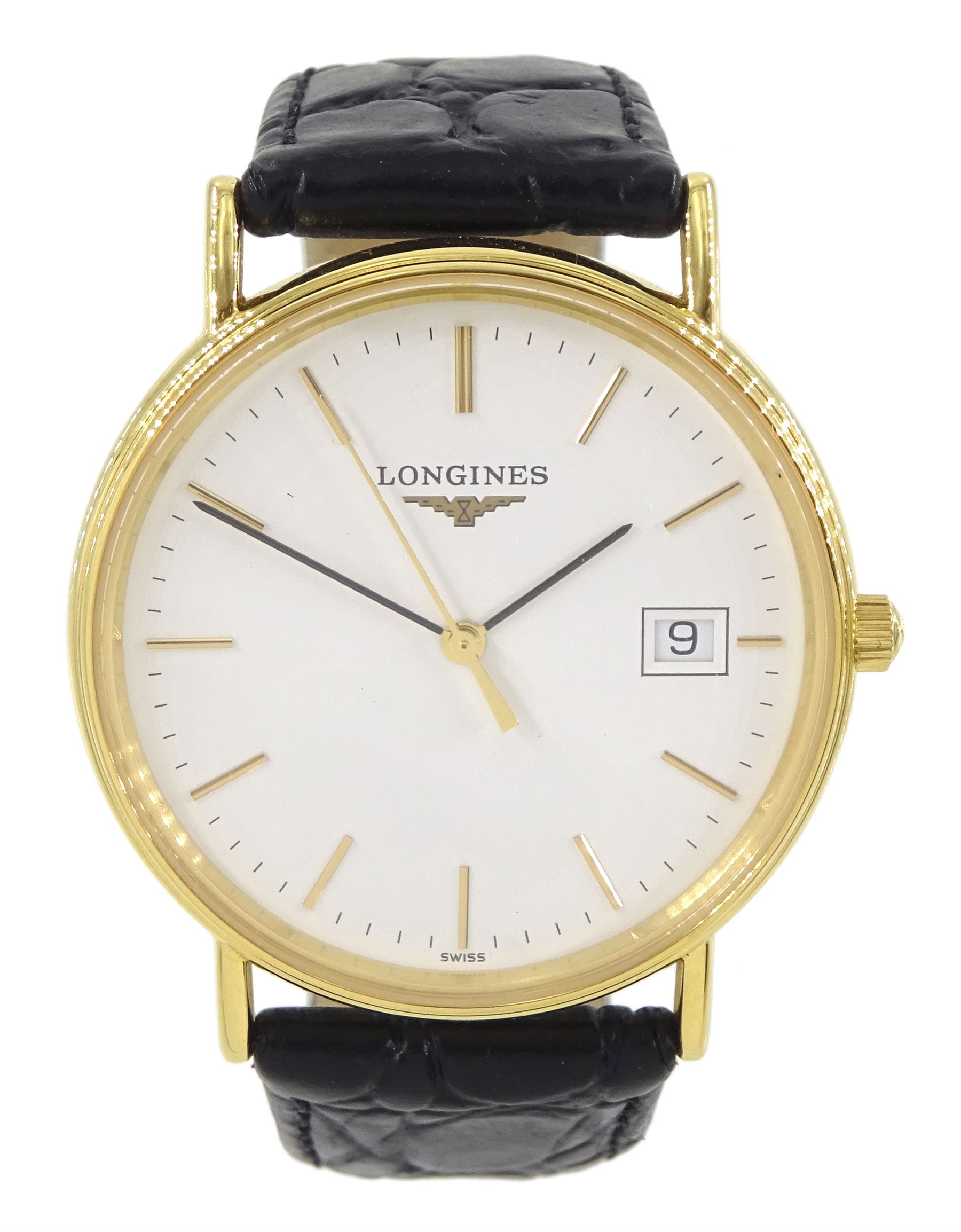 Longines gentleman's gold-plated and stainless steel quartz wristwatch, Ref. L4.720.2, white dial with baton hour markers and date aperture, on original black leather strap and gilt buckle, boxed with guarantee card dated 2005